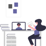 An illustration of a girl sitting at a laptop on a video call.