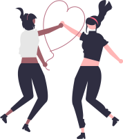 An illustration of two girls doing a high five through a heart.