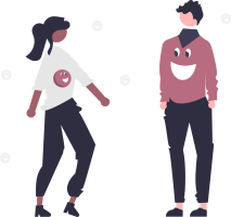 An illustration of two people chatting while wearing jumpers with smiley faced on them.